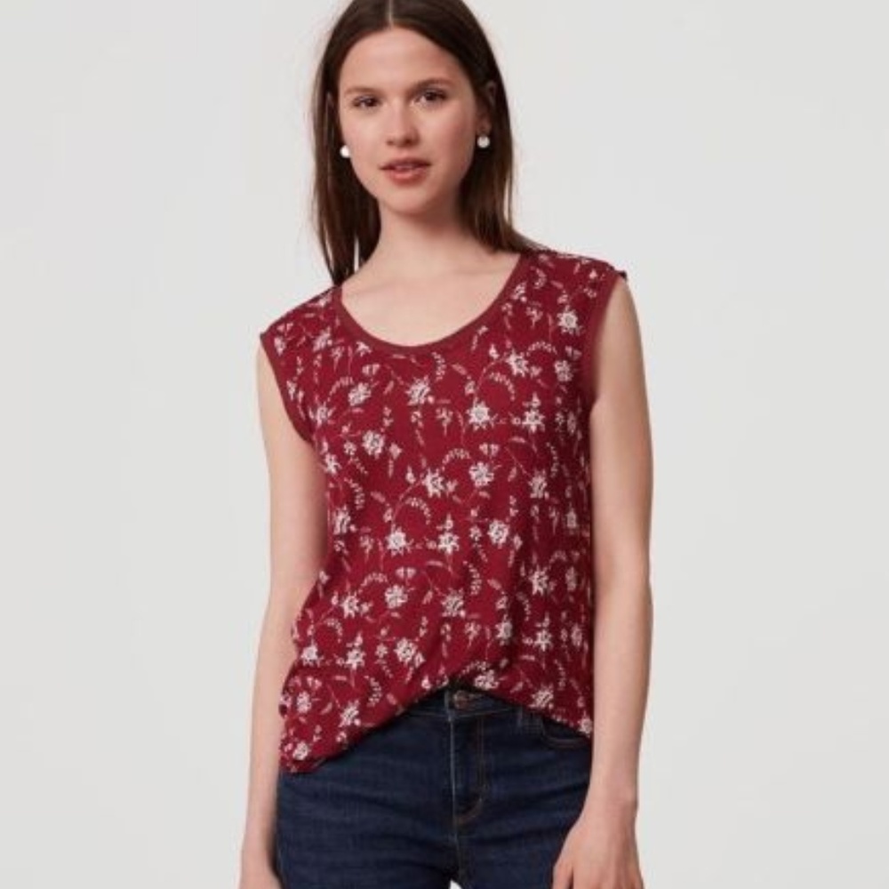 NWT LOFT Lily Picot Trim Red Tank Shell Tee Soft Stretch Top M
